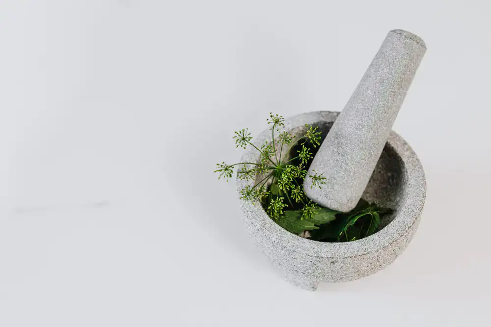 A dark stone mortar and pestle grinding fresh green cardamom
