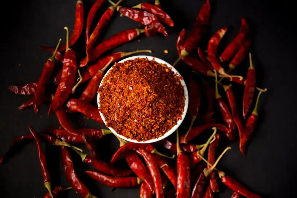 Dried red chilies and paprika powder